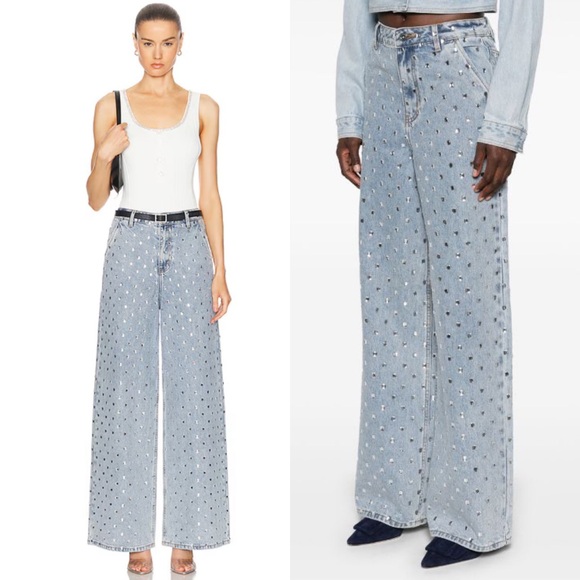 Self-Portrait Denim - Self Portrait Square Rhinestone Wide Leg Denim Jeans